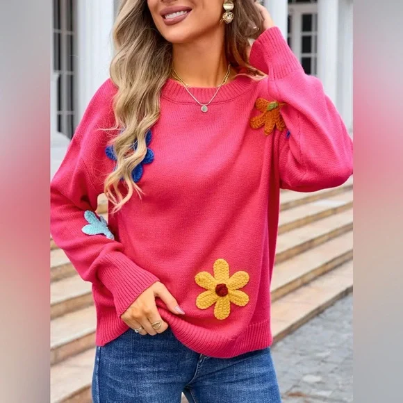 Crochet Flower Round Neck Sweater - Picture 6 of 6